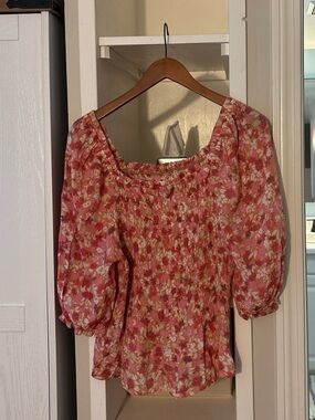 Nannette Pink Floral Smocked Peasant Blouse